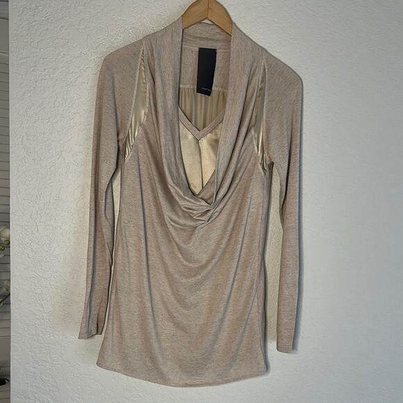 Heather Silk Modal Long Sleeve Cowl Neck T-Shirt Quiet Luxury Minimalist Neutral - Picture 1 of 7